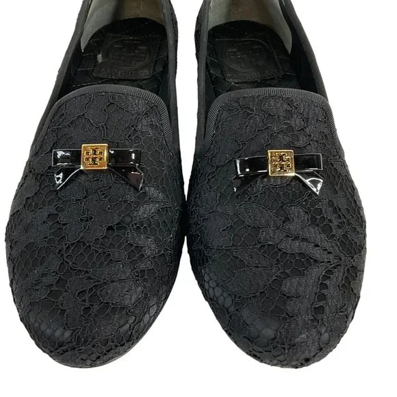 Tory Burch Shoes Womens Sz 6.5 Blk Chandra Loafer Satin + Fabric Lace Flat - Picture 3 of 16